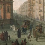Detail of an oil painting of a busy Piazza, filled with people and horse-drawn carriages.
