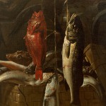 Detail of an oil painting of a still life with fish and copper basin.
