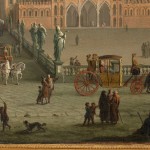 Detail of an oil painting of a busy market square in Palermo, Sicily, filled with sculptures, people and horse-drawn carriages, overlooked by a cathedral.