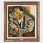 An abstract oil painting of a person smoking.