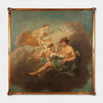 Mythological painting with three figures in the clouds, blue sky, and golden frame.