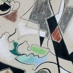 Detail of an abstract painting in black, grey, brown, green and blue.