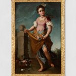 An oil on canvas painting of a young girl with flowers in her hair and a dark blue background.