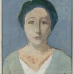 An oil painting of a portrait of a girl. A simplified flat image of a girl in green and white on a blue background with a green headscarf.