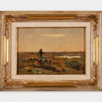 An oil painting of a shepherd with a flock of sheep in a natural landscape. The light suggests sunrise or sunset.