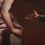 Detail of an oil painting of the biblical event the Trinity, three angels visiting Abraham at the Oak of Mamre (Genesis 18:1–8). Abraham, dressed in darker tones, kneels at the feet of the angels, draped in vibrant blue and gold. Artwork details: Artist: Antonio Balestra (copy). Artwork title: Abramo e la Trinità.