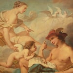 Mythological painting with three figures in the clouds, blue sky, and golden frame.