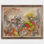 An abstract oil painting in brown, grey, yellow, red, green and blue.
