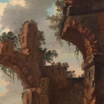 Detail of an oil painting depicting ruins and a blue cloudy sky.