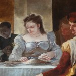 Detail of an oil painting of the rich man and Lazarus parable found in the gospel of Luke 16: 19–31. The painting depicts a rich man with empty plates, surrounded by servants after finishing his meal, while in the foreground is the beggar Lazarus.