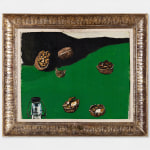An oil painting of nuts and a bottle on a green and black background.