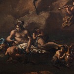 Detail of an oil painting of figures dancing among ruins.