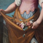 Detail of an oil on canvas painting of a young girl with flowers in her hair and a dark blue background.