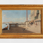 An oil painting depicting a scene of Venice with the lagoon gondolier and pigeons. Artwork details: Artist: Carlo Fornara. Artwork title: Venezia. Artwork date: c.1890-1900. Artwork medium: Oil on canvas. Artwork dimensions: 60 x 100 cm.