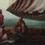 painting of a navy with a large vessel