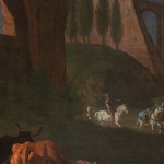Detail of an oil painting of a landscape with figures and aqueducts.