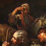 Detail of a painting depicting three figures and two horses