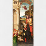 An oil painting of the adoration of the Christ Child. Artwork details: Artist: Luca Baudo. Artwork title: Adorazione del Bambino. Artwork date: 1500. Artwork medium: Oil on board. Artwork dimensions: 240 x 94 x 3 cm.