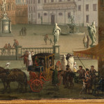 Detail of an oil painting of a busy market square in Palermo, Sicily, filled with sculptures, people and horse-drawn carriages, overlooked by a cathedral.