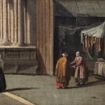 Detail of an oil painting of a Venetian scene.