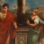 A detail of a painting of a group of Roman figures centred around a soldier approached by a woman and child, surrounded by roman architecture.