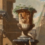 Detail of an oil painting of figures gathered on ancient ruins.