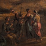 A painting depicting five individuals in a rustic setting, with one person holding an infant.