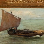 Detail of an oil painting of a sailing boat at the marina in rough waters.