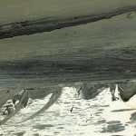 A detail of an oil on canvas abstract grey painting with white and black highlights.