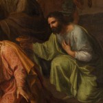 Detail of an oil painting of the Adoration of the Magi or Adoration of the Kings or Visitation of the Wise Men is the name traditionally given to the subject in the Nativity of Jesus in art in which the three Magi, represented as kings, especially in the West, having found Jesus by following a star, lay before him gifts of gold, frankincense, and myrrh, and worship him.