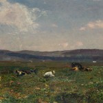 Painting depicting a field of flowers with cows