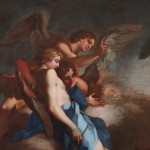 Detail of an oil painting of the biblical event the Trinity, three angels visiting Abraham at the Oak of Mamre (Genesis 18:1–8). Abraham is cloaked in rich red, while the angels are draped in vibrant blue.