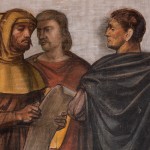 Detail of a tempera painting of a group of three male figures dressed as merchants.