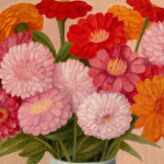 Detail of an oil painting of bright pink and orange flowers in a blue vase sat on a blue table with a pink background.