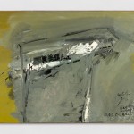 An oil on canvas abstract grey painting with white and black highlights.