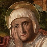 Detail of an oil painting of the Madonna with Child and Saint Anne in nature.