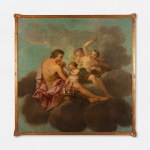 Classical painting with adult and children on clouds, blue sky, and golden frame.