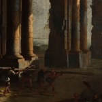 Detail of an oil painting of the demolition of an ancient, ruined portico. A group of figures can be seen dismantling the building.