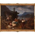 An oil painting of refugees from a burned village.