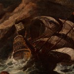 Detail of an oil painting of a fortification with storm and shipwreck.