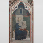 A ripped fresco of the Virgin Mary in Majesty holding Jesus Christ. Artwork details: Artist: Giotto di Bondone (collaborator). Artwork title: Madonna in Maestà. Artwork date: 1300. Artwork medium: Ripped fresco. Artwork dimensions: 350 x 160.5 x 3.5 cm.