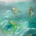 Detail of an abstract oil painting in green, yellow, white and black.