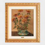 Oil painting of yellow and orange chrysanthemums with green leaves against a beige background in a green and yellow decorative vase positioned on a wooden surface.