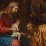 Detail of an oil painting of the Adoration of the Magi or Adoration of the Kings or Visitation of the Wise Men is the name traditionally given to the subject in the Nativity of Jesus in art in which the three Magi, represented as kings, especially in the West, having found Jesus by following a star, lay before him gifts of gold, frankincense, and myrrh, and worship him.