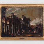 An oil painting of a landscape featuring figures beneath architectural ruins.