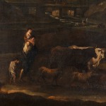 Pastoral landscape with figure, livestock, and distant town, sunset sky.