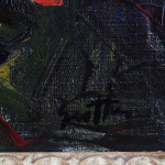 Detail of an oil painting of an abstract sunset in Velate in blue, orange, yellow, blue, red and black. Artwork details: Artist: Renato Guttuso. Artwork title: Tramonto a Velate. Artwork year: 1960. Artwork medium: Oil on canvas. Artwork dimensions: 40.1 x 50.3 cm.