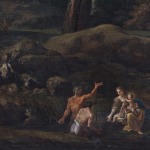 Landscape with trees, hills, and group of people, golden frame.