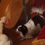 Painting of a still life with lute, carpet, dog, chickens and vase of flowers