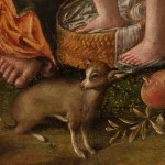 Detail of an oil painting of the Madonna with Child and Saint Anne in nature.